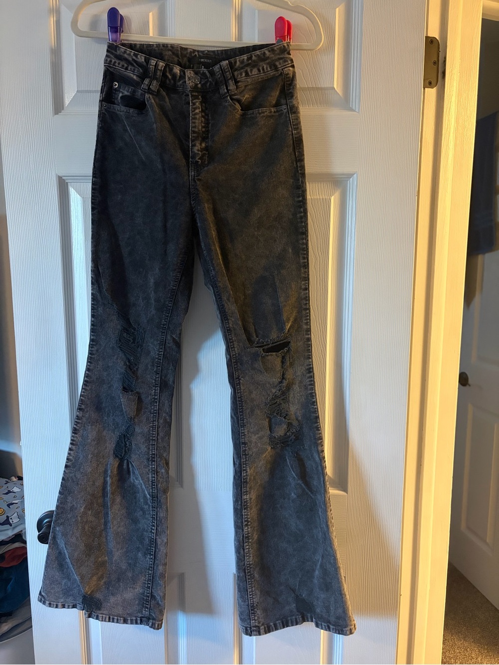 Forever 21 Washed Black Distressed Flare Suede Corduroy Jeans